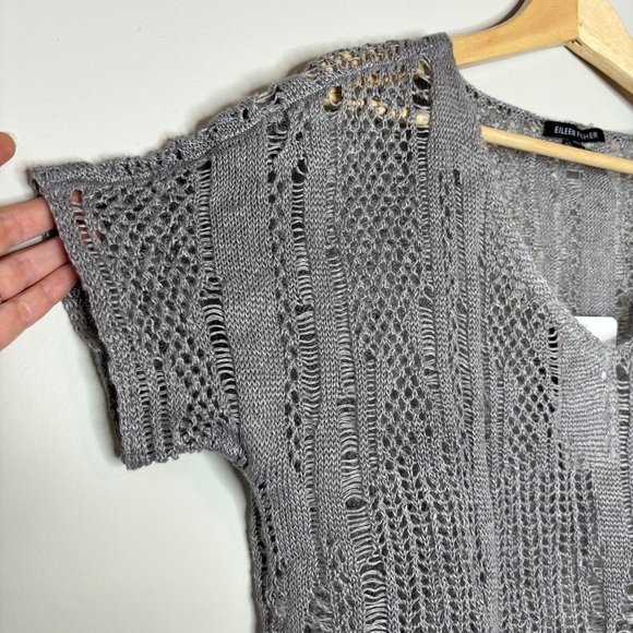 Eileen Fisher Gray Linen Metallic Blend Open Knit V-Neck Short Sleeve Top XS NWT - Picture 3 of 8